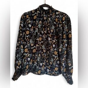 Socialite Dark Blue and Orange / Gold Floral Blouse